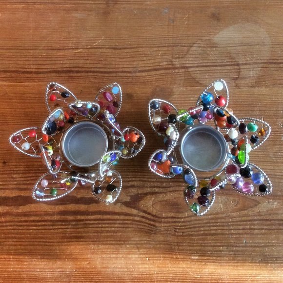 Lotus Flower Beaded Tea Light Candle Holder, Handmade in India, Indian Home Deco - Picture 3 of 5